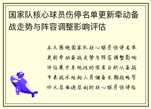 国家队核心球员伤停名单更新牵动备战走势与阵容调整影响评估 国家队核心球员伤停名单更新牵动备战走势与阵容调整影响评估